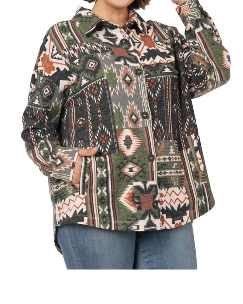 Front of a model wearing a size 2X Jacquard Aztec Oversized Shacket With Pockets in Ash Olive in Ash Olive by Zenana. | dia_product_style_image_id:327167